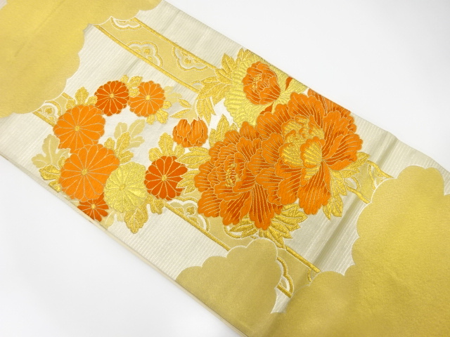 アンティーク　縞に牡丹・菊模様織り出し袋帯（材料）